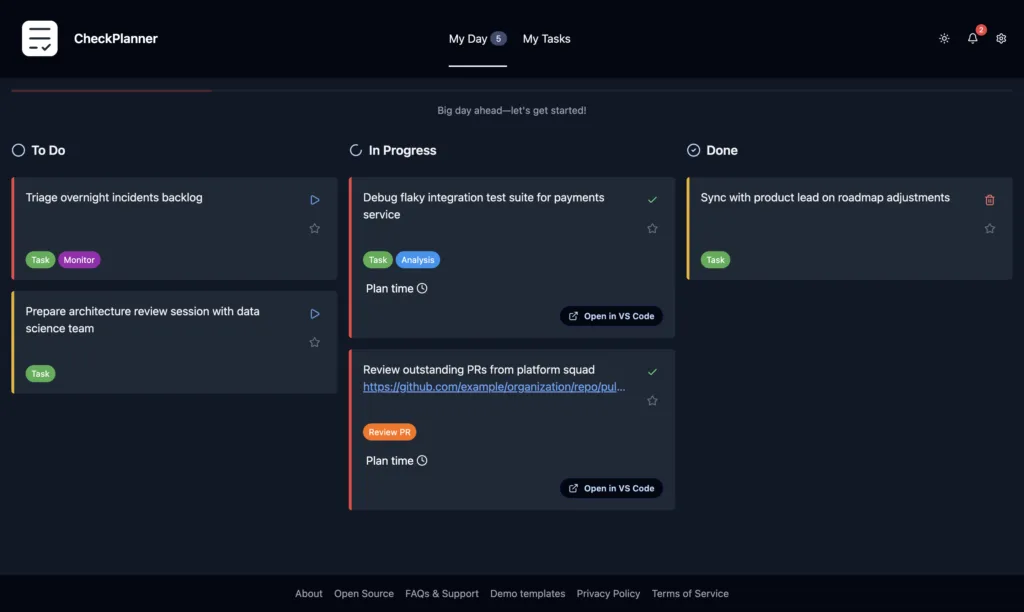 CheckPlanner: botón Abrir en VS Code en una tarea en progreso